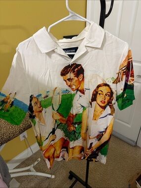Paterson White Retro Tennis Print Short Sleeve Button-Down Shirt